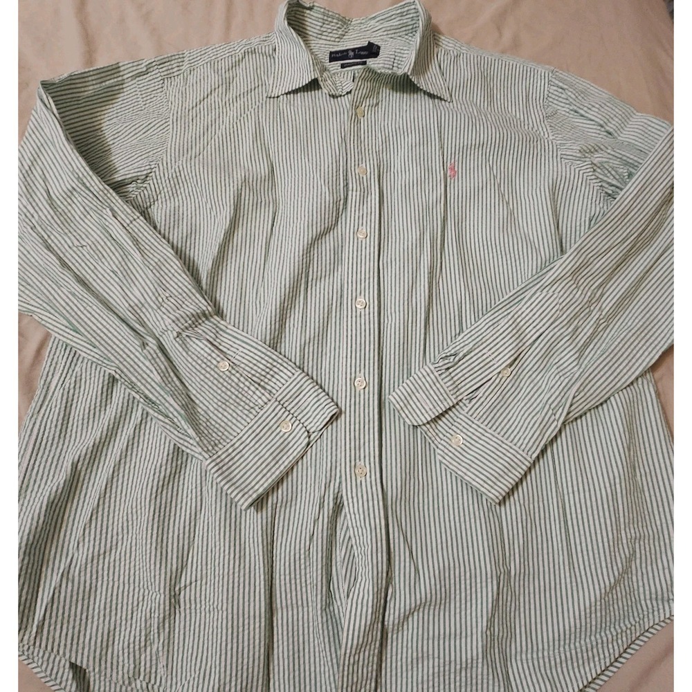 Polo Ralph Lauren Button Up Shirt Men's XLarge Green Striped Long Sleeve Cotton